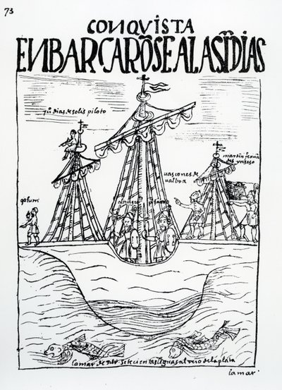 The Voyage to the New World by Christopher Columbus, Juan Diaz de Solis, Diego de Almagro, Francisco Pizarro, Vasco Nunez de Balboa and Martin Fernandez de Enciso by Felipe Huaman Poma de Ayala